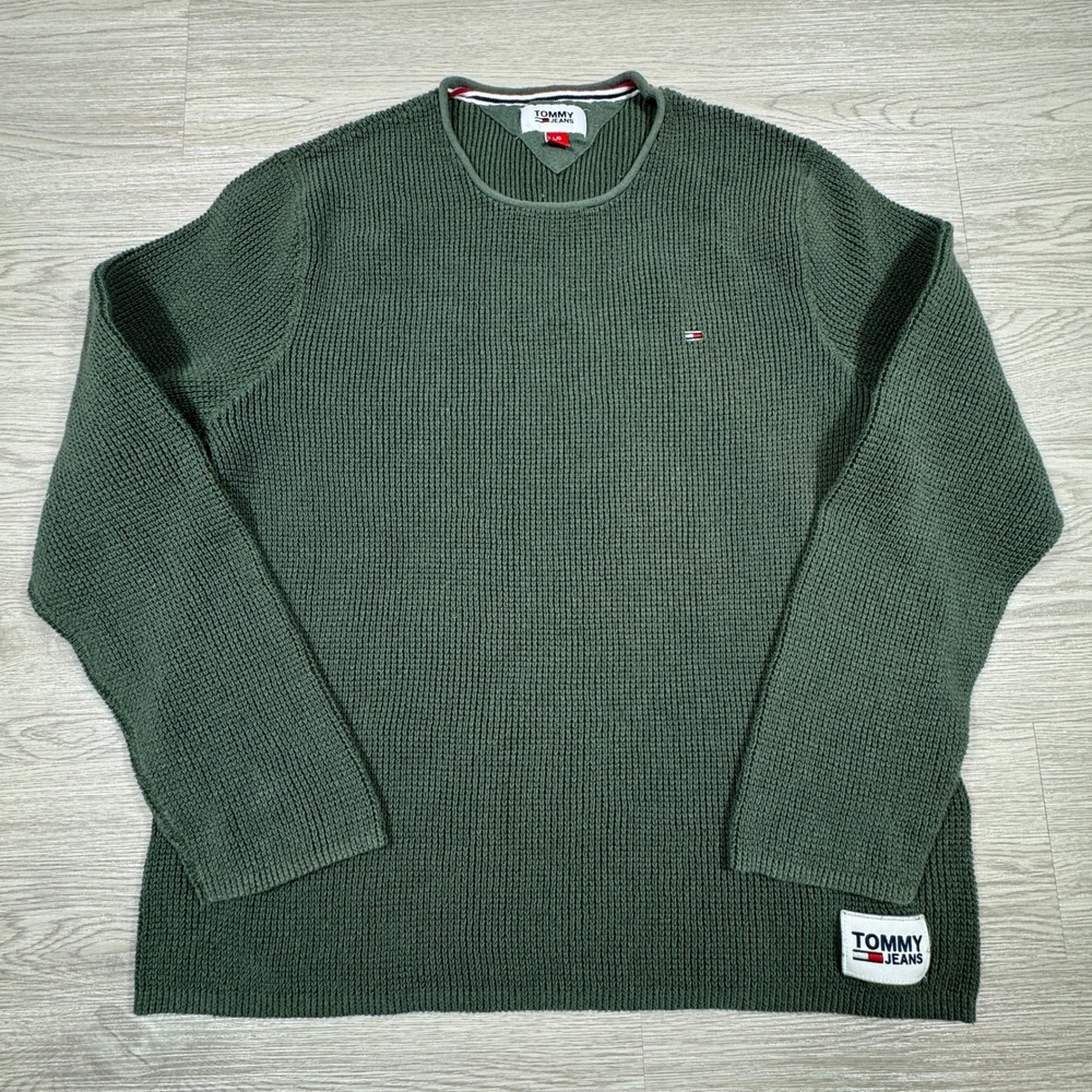 Tommy Jeans‎ Mens Sweater Olive Green Large Waffle Knit Cotton Pullover